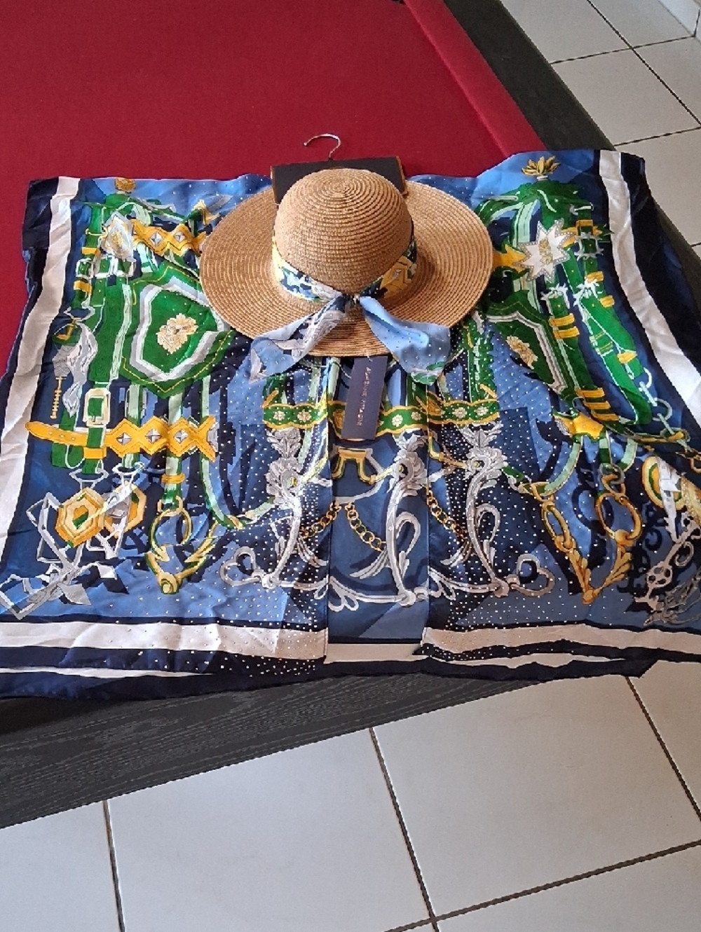 Adrienne Vittadini Blue, Green & Navy Silk Resort Kimono &  Straw Hat Set. NWT. - Picture 3 of 16